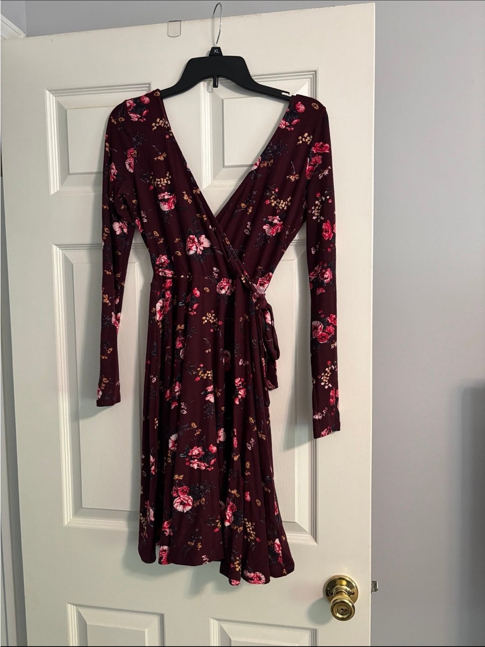 Ardene Burgundy Floral Wrap Dress with Pink Accents - Long Sleeve